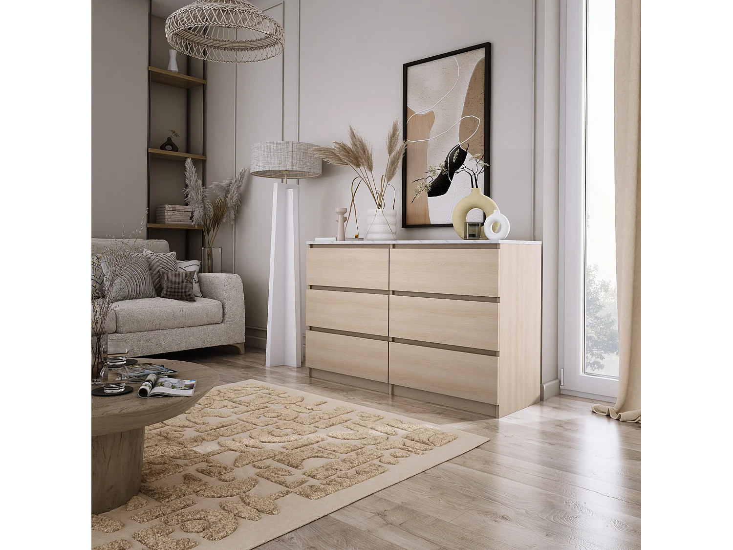 Commode 6 Tiroirs : Chêne Linberg / Marbre Blanc, 120 x 39 x 79 cm