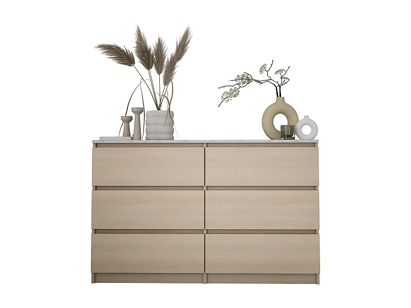 Commode 6 Tiroirs : Chêne Linberg / Marbre Blanc, 120 x 39 x 79 cm