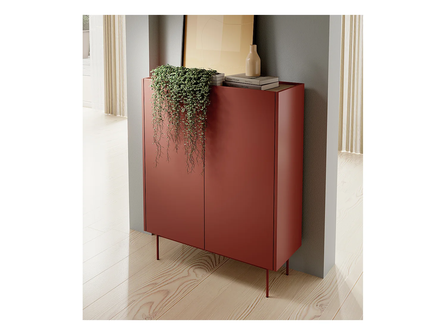 Commode, Corps Et Façade: Brique, TOP: Chêne Linea, 97 x 122 x 37 cm