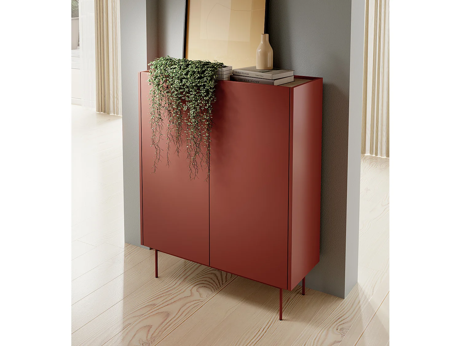 Commode, Corps Et Façade: Brique, TOP: Chêne Linea, 97 x 122 x 37 cm