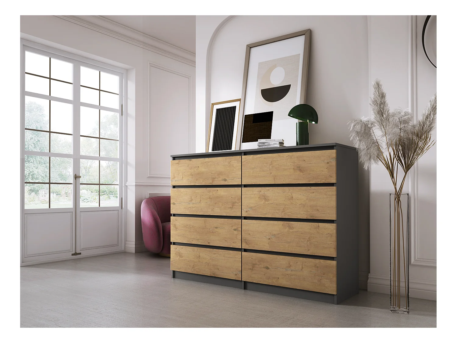 Commode 8 Tiroirs : Anthracite / Chêne Lancelot , 138 x 101 x 39 cm