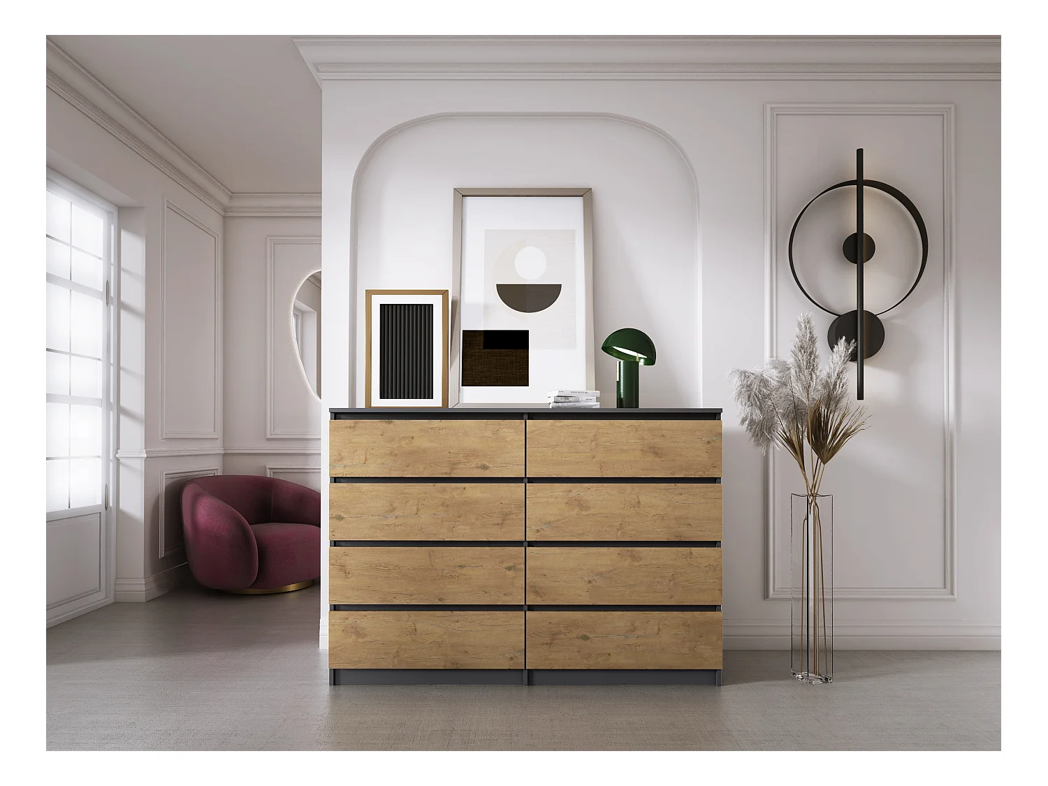 Commode 8 Tiroirs : Anthracite / Chêne Lancelot , 138 x 101 x 39 cm