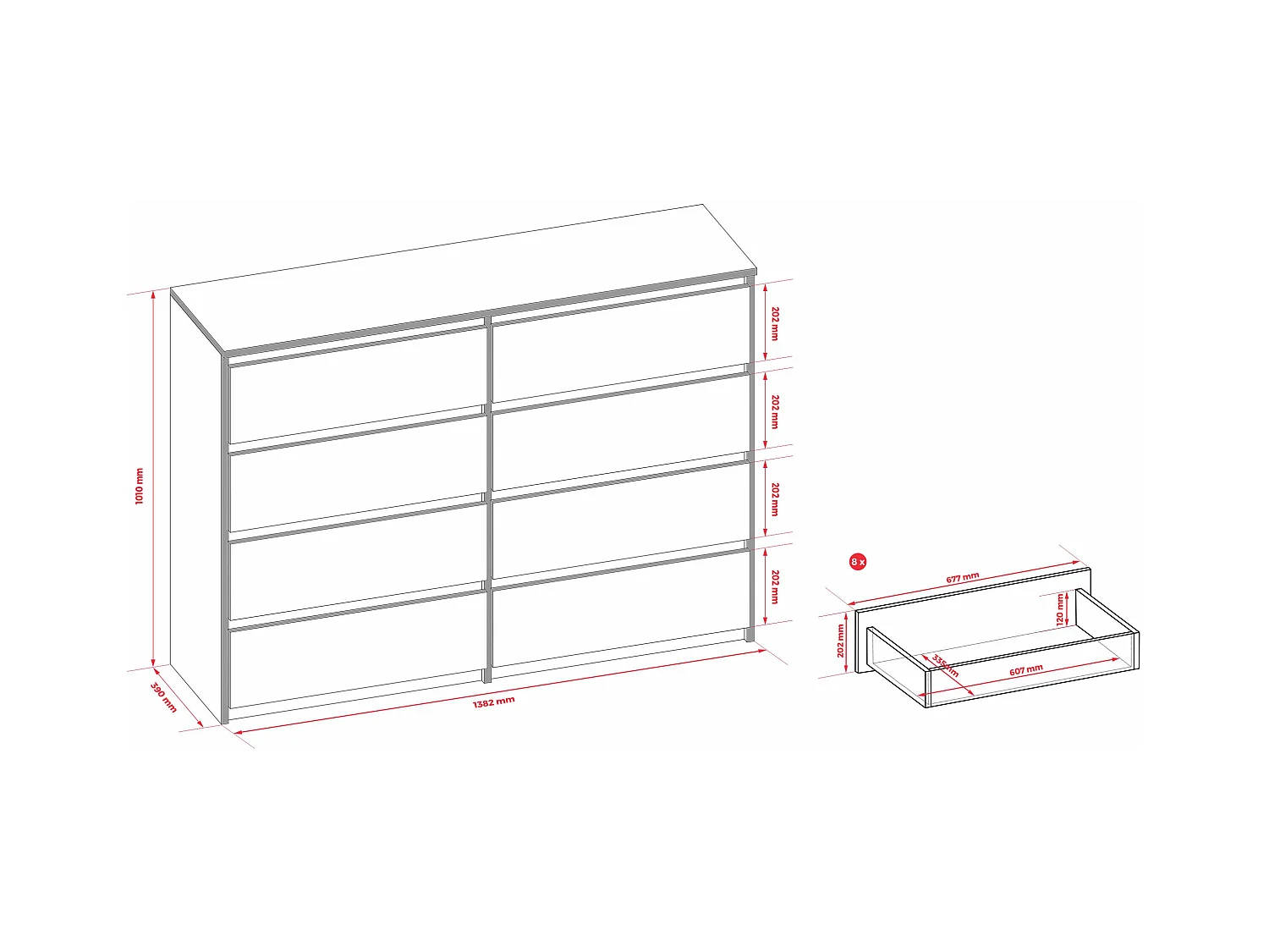 Commode 8 Tiroirs : Anthracite / Chêne Lancelot , 138 x 101 x 39 cm