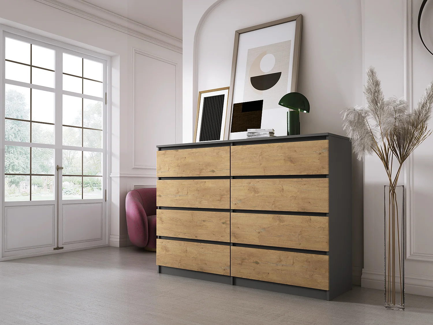 Commode 8 Tiroirs : Anthracite / Chêne Lancelot , 138 x 101 x 39 cm