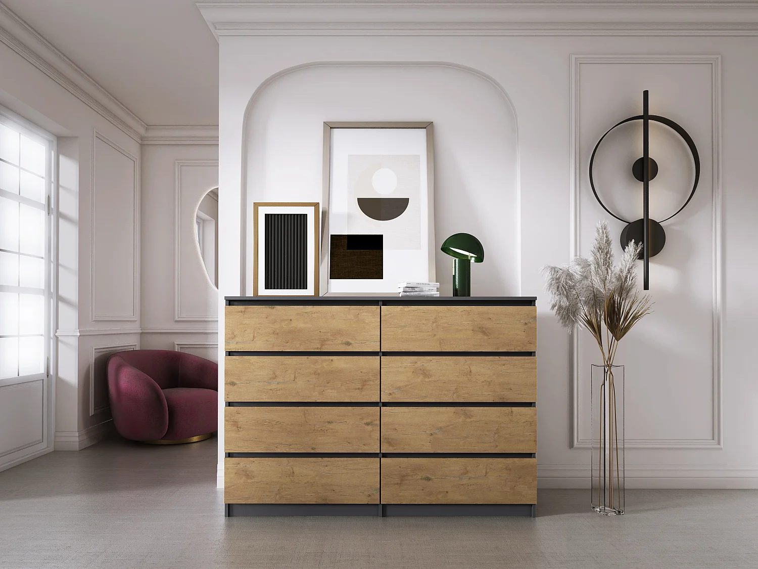 Commode 8 Tiroirs : Anthracite / Chêne Lancelot , 138 x 101 x 39 cm