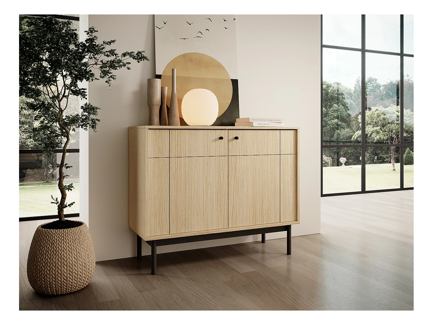 Cômoda: 2 Portas, 4 Prateleiras, Linea Carvalho, Pés Pretos, 103,5 x 83,5 x 39 cm