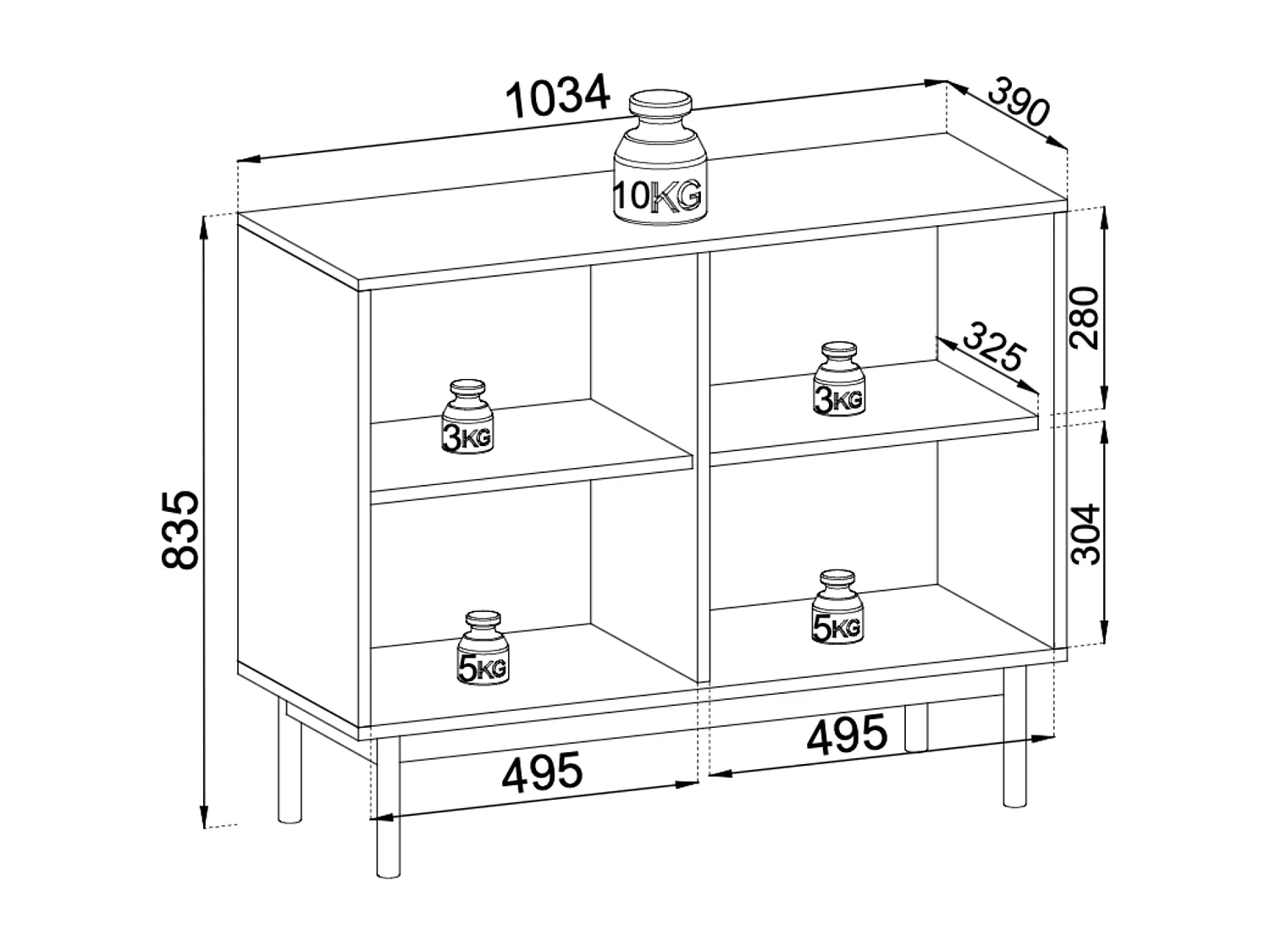 Commode : couleur Chêne Linea, Pieds Noir, 103,5 x 83,5 x 39 cm