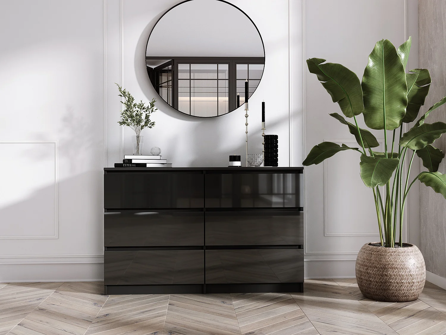 Commode 6 Tiroirs : Noir Mat / Noir Brillant, 138 x 39 x 79 cm