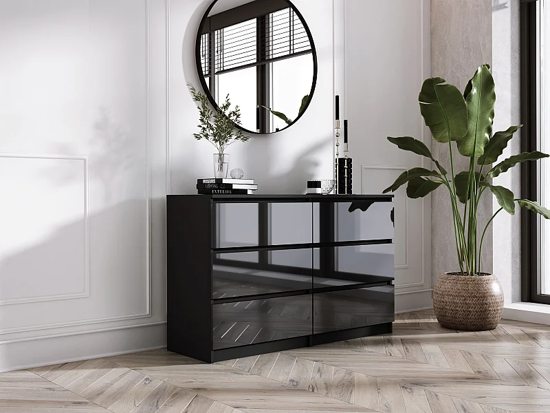 Commode 6 Tiroirs : Noir Mat / Noir Brillant, 138 x 39 x 79 cm