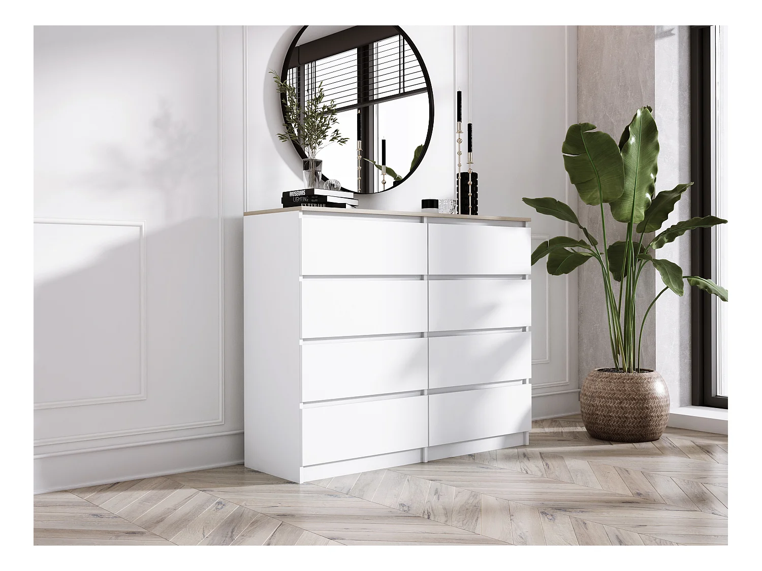Commode 8 tiroirs : Blanc Mat / Chêne Sonoma Top, 120 x 101 x 39 cm