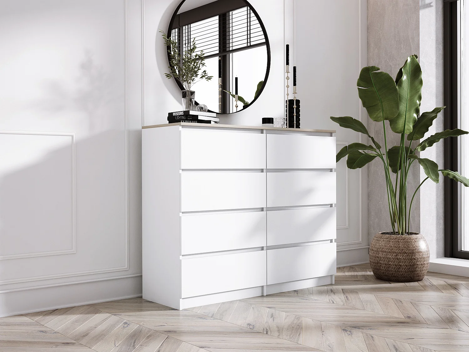 Commode 8 tiroirs : Blanc Mat / Chêne Sonoma Top, 120 x 101 x 39 cm