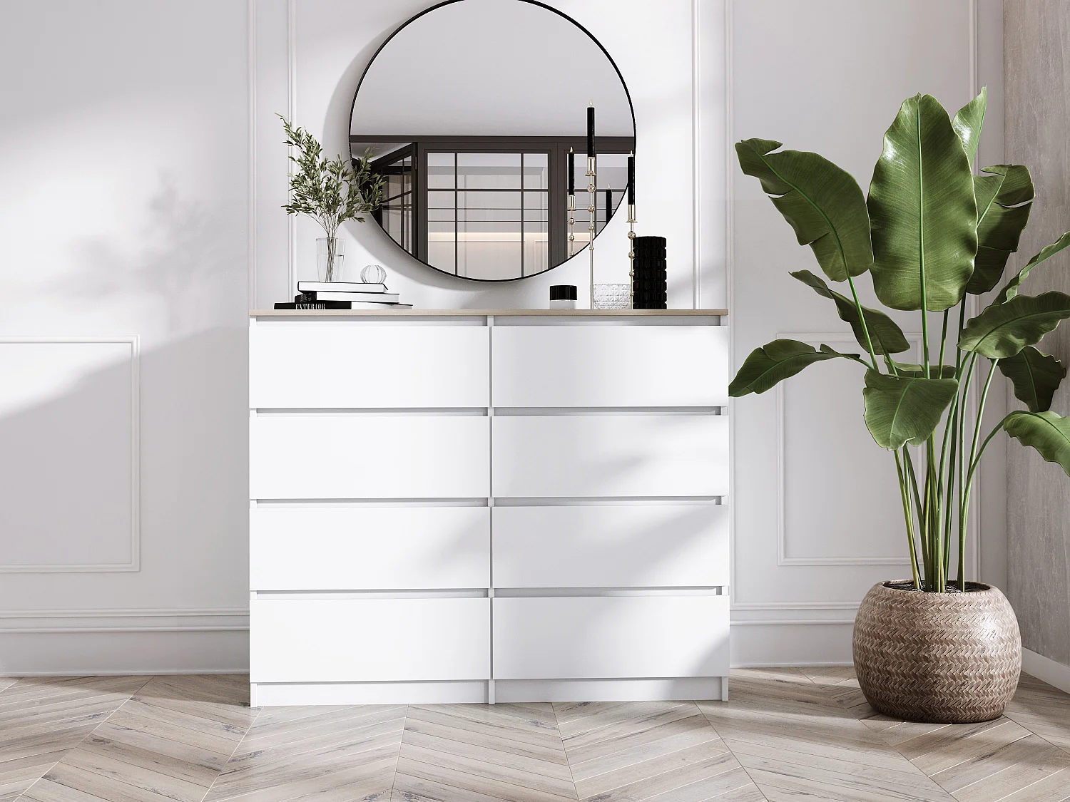 Commode 8 tiroirs : Blanc Mat / Chêne Sonoma Top, 120 x 101 x 39 cm