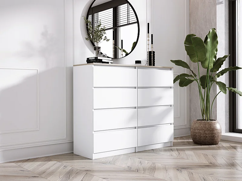 Commode 8 tiroirs : Blanc Mat / Chêne Sonoma Top, 120 x 101 x 39 cm