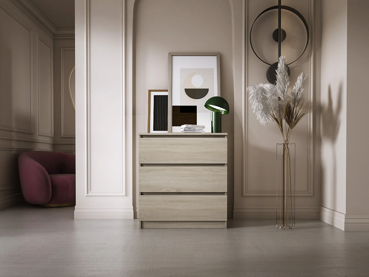 Commode 3 Tiroirs, Chêne Sonoma, 70 x 39 x 79 cm