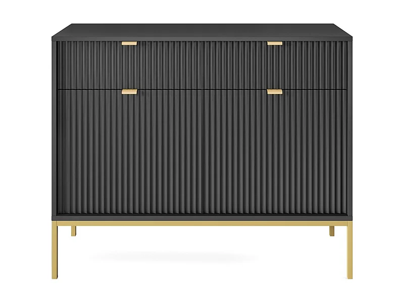 Komoda: 2 szuflady, 2 drzwi, czarna, złota, 104 x 83 x 39 cm, złote uchwyty