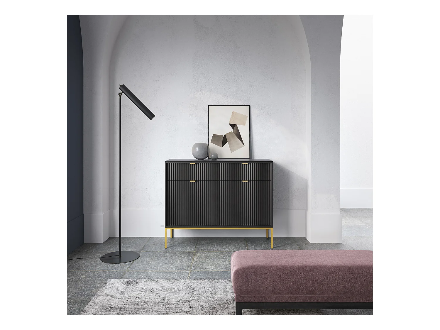 Komoda: 2 szuflady, 2 drzwi, czarna, złota, 104 x 83 x 39 cm, złote uchwyty