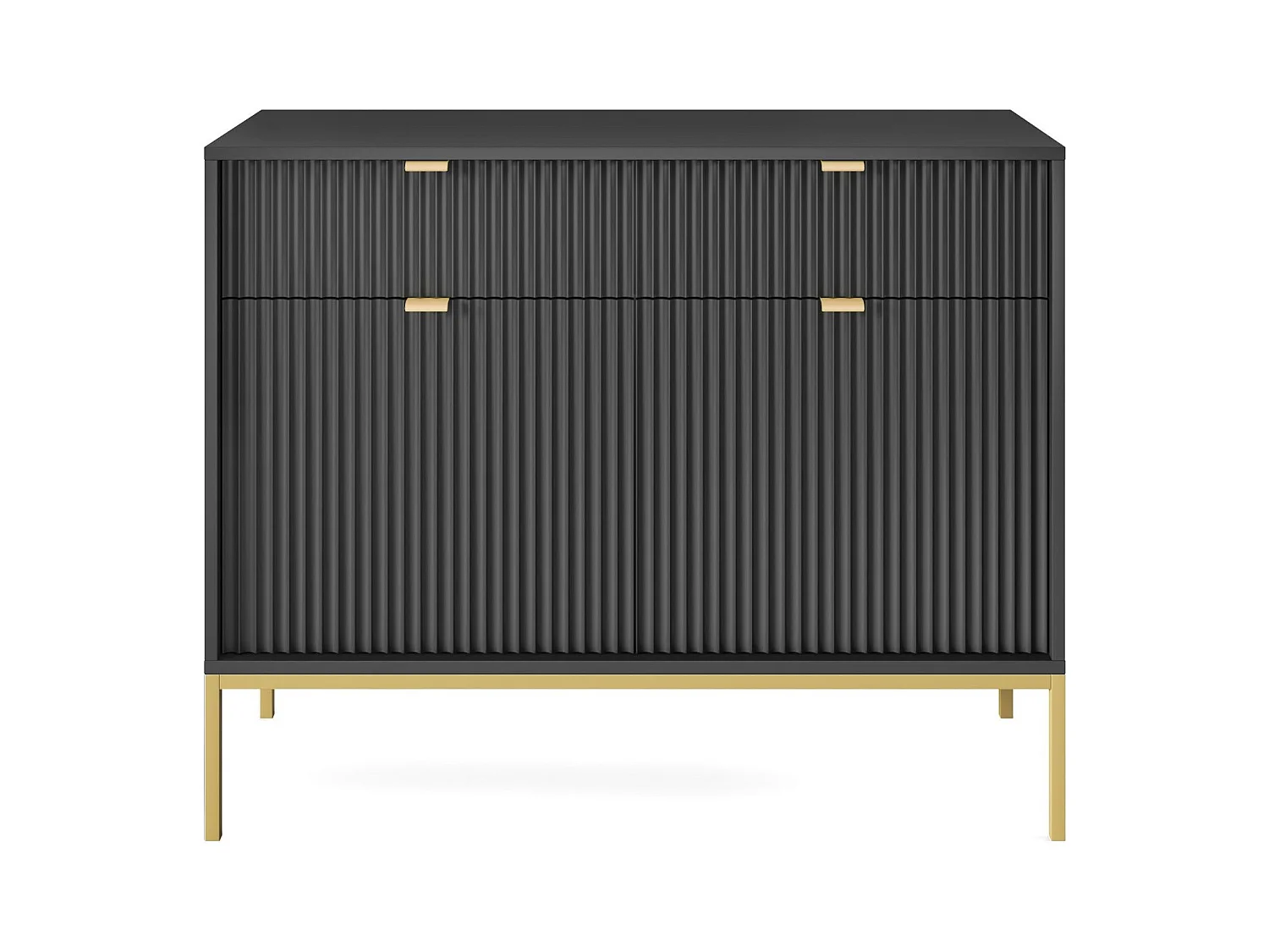 Kommode: 2 Schubladen, 2 Türen, Schwarz, Gold, 104 x 83 x 39 cm, goldene Griffe