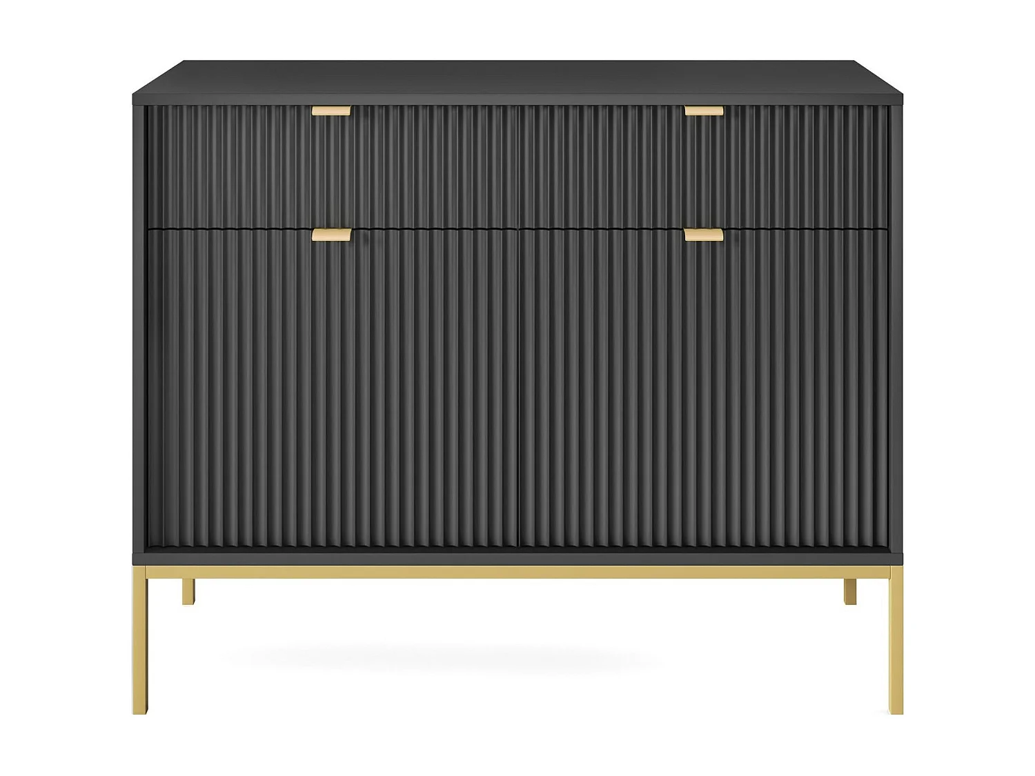 Kommode: 2 Schubladen, 2 Türen, Schwarz, Gold, 104 x 83 x 39 cm, goldene Griffe