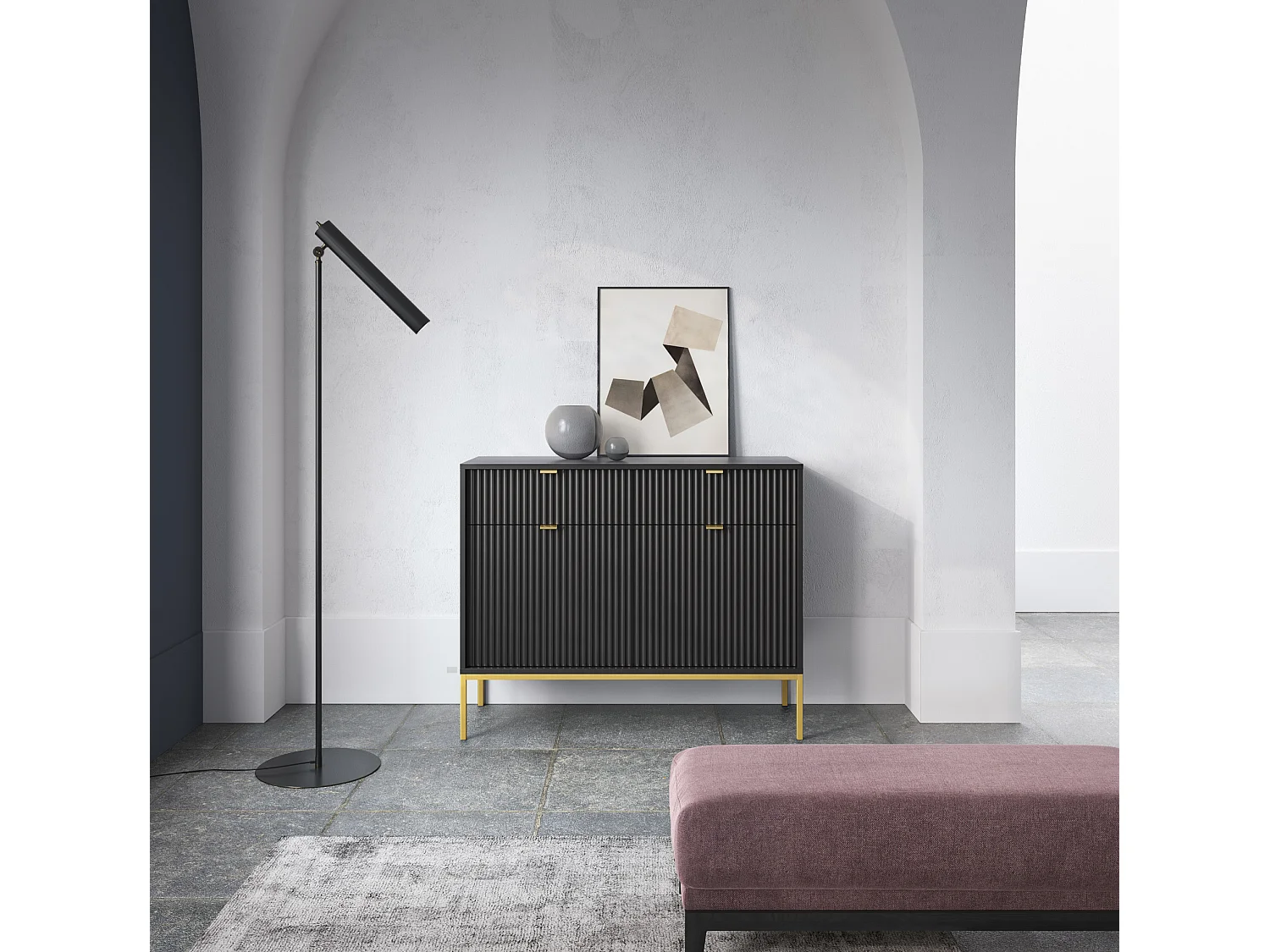 Kommode: 2 Schubladen, 2 Türen, Schwarz, Gold, 104 x 83 x 39 cm, goldene Griffe