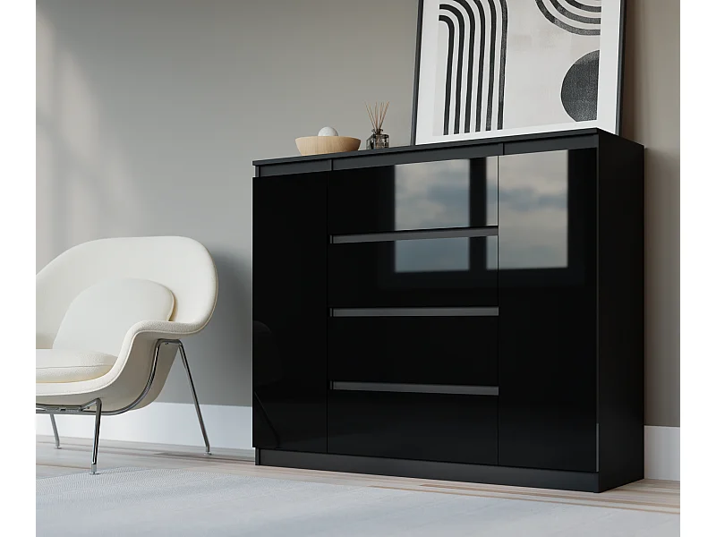 Kommode: Mattschwarz / Hochglanzschwarz, 140 x 39 x 101 cm, 2 Türen, 4 Schubladen