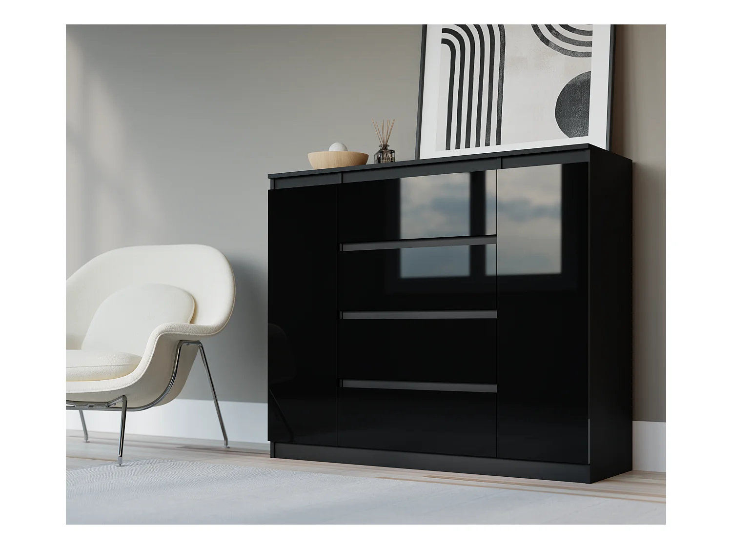 Kommode: Mattschwarz / Hochglanzschwarz, 140 x 39 x 101 cm, 2 Türen, 4 Schubladen