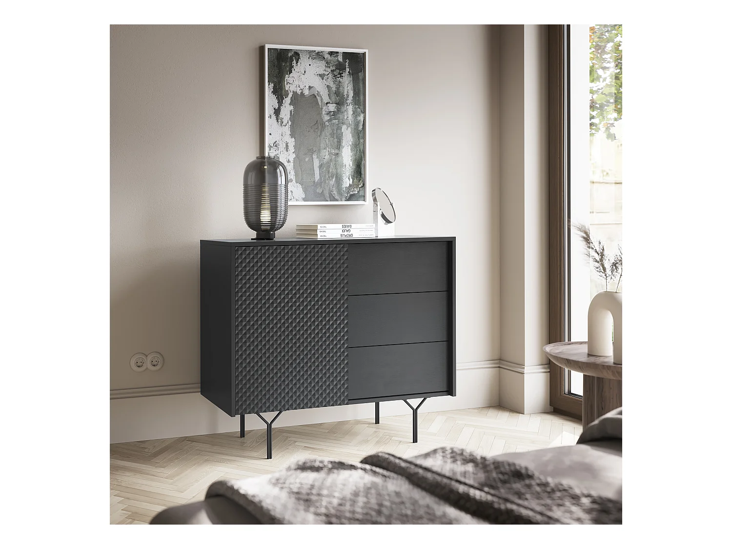 Commode : 3 tiroirs, 1 porte, 2 étagères, noir graphite, 97 x 83 x 38 cm