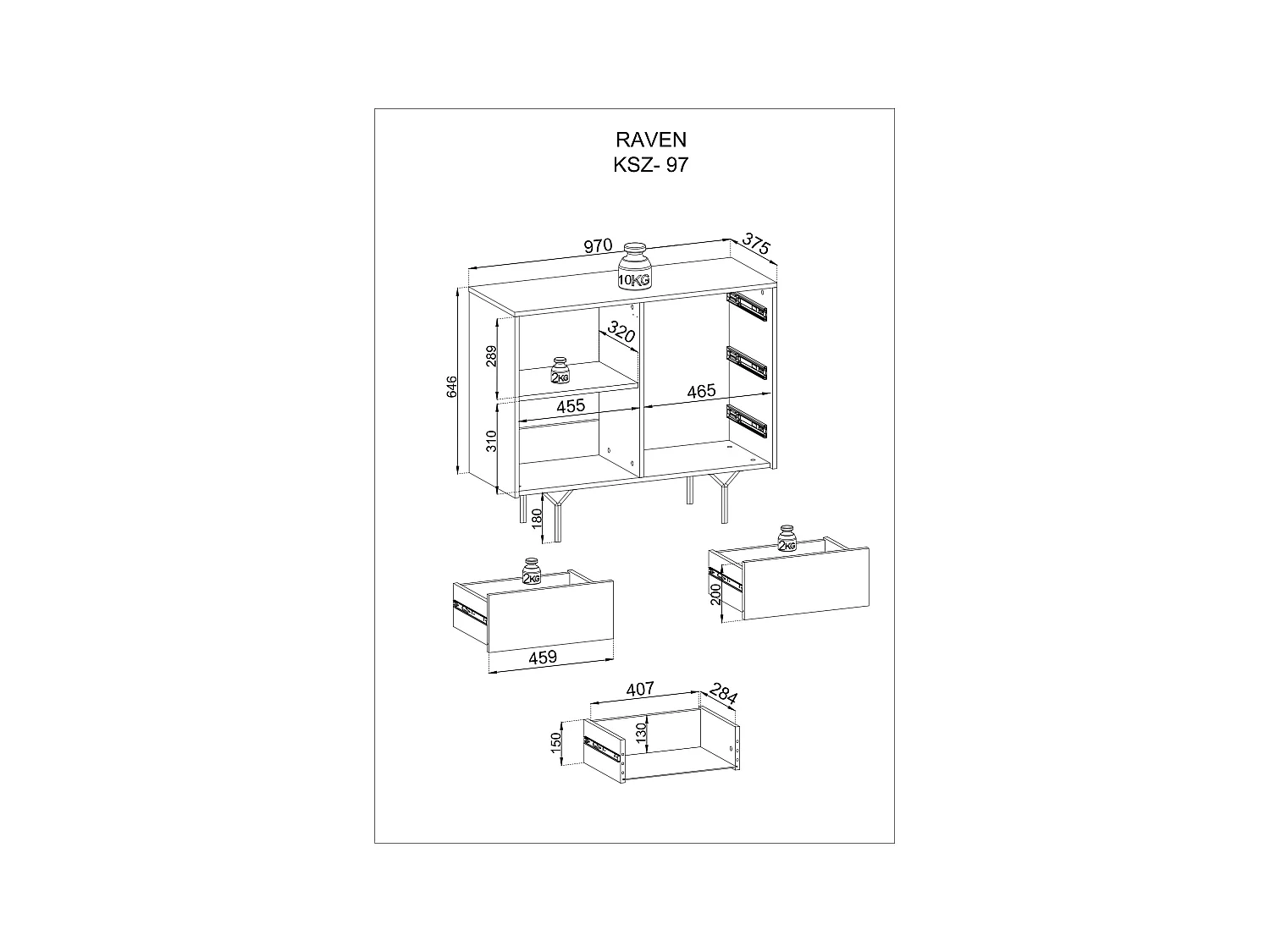 Commode : 3 tiroirs, 1 porte, 2 étagères, noir graphite, 97 x 83 x 38 cm