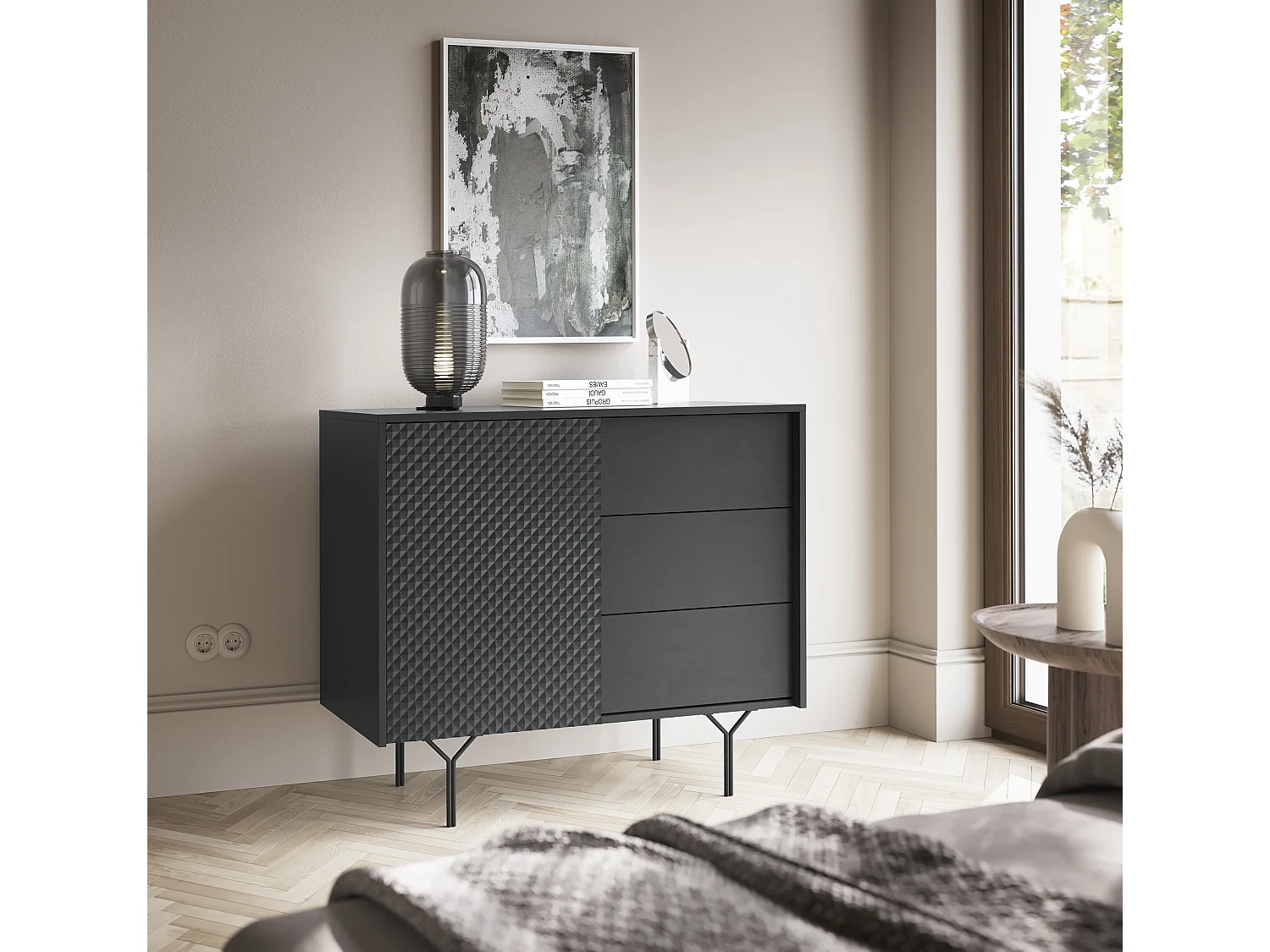 Commode : 3 tiroirs, 1 porte, 2 étagères, noir graphite, 97 x 83 x 38 cm