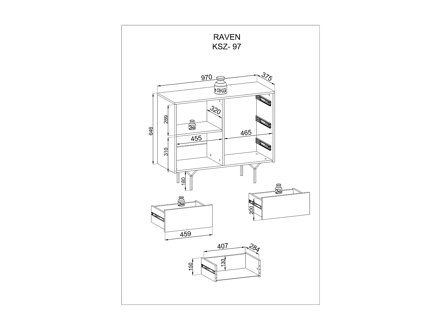 Commode : 3 tiroirs, 1 porte, 2 étagères, noir graphite, 97 x 83 x 38 cm