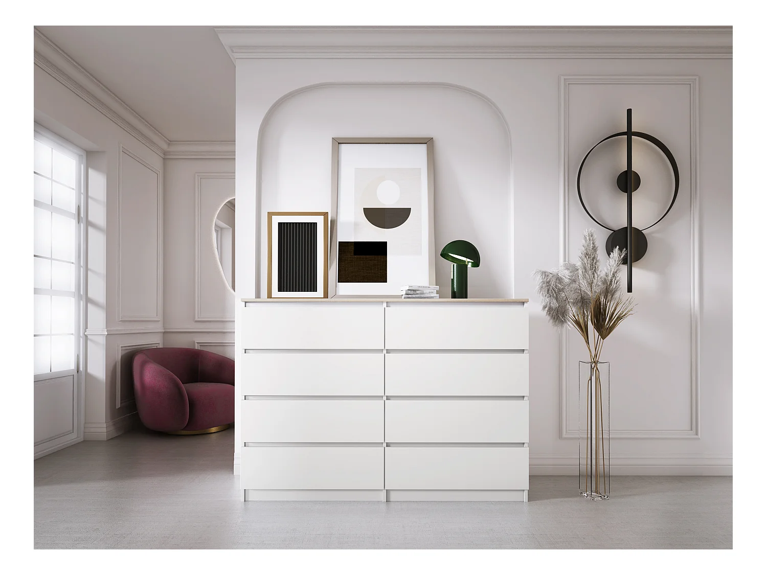 Kommode mit 8 Schubladen: Mattweiß / Oberfläche aus Sonoma-Eiche, 138 x 101 x 39 cm