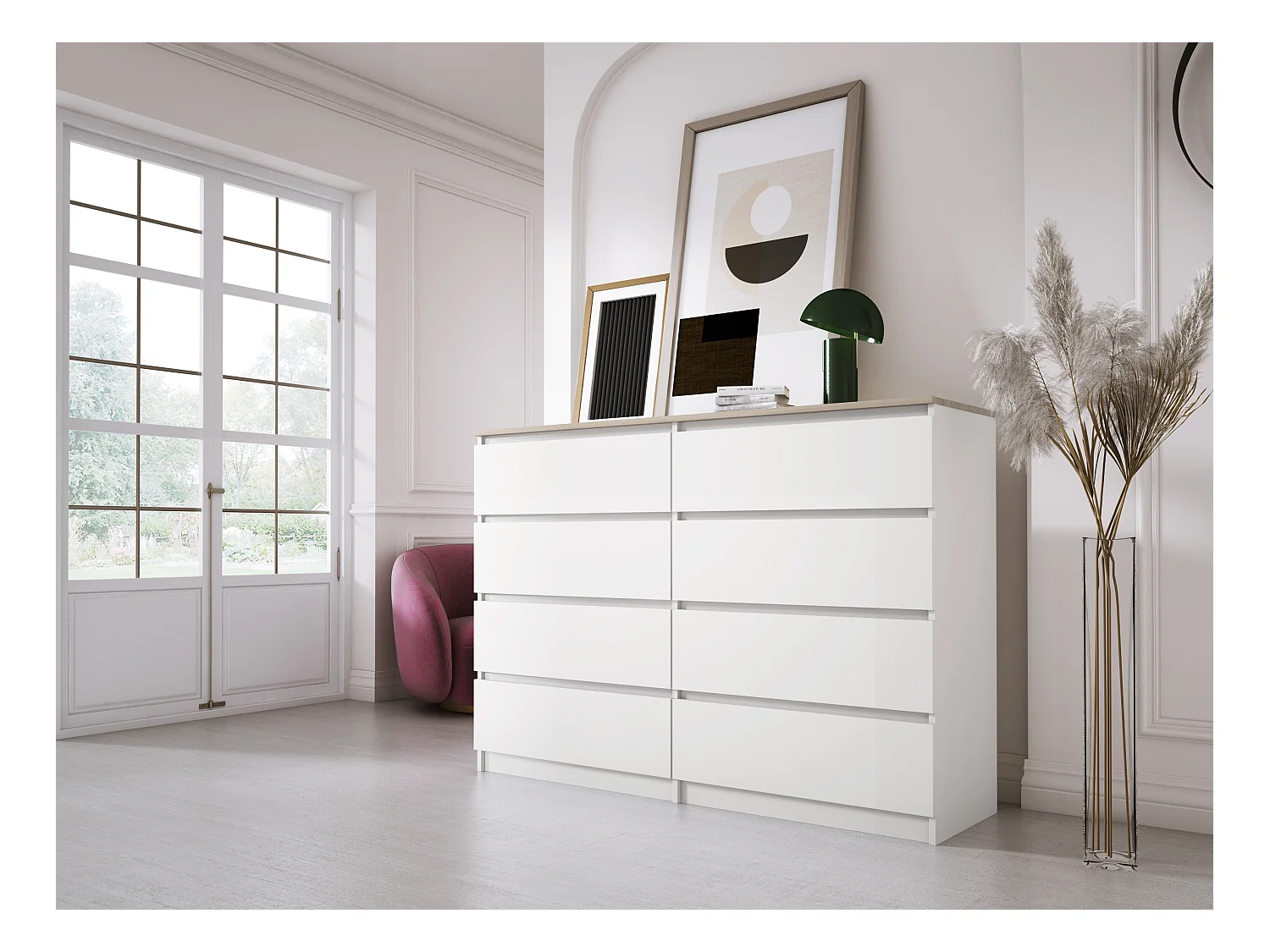 Commode 8 tiroirs : Blanc Mat / Chêne Sonoma Top, 138 x 101 x 39 cm