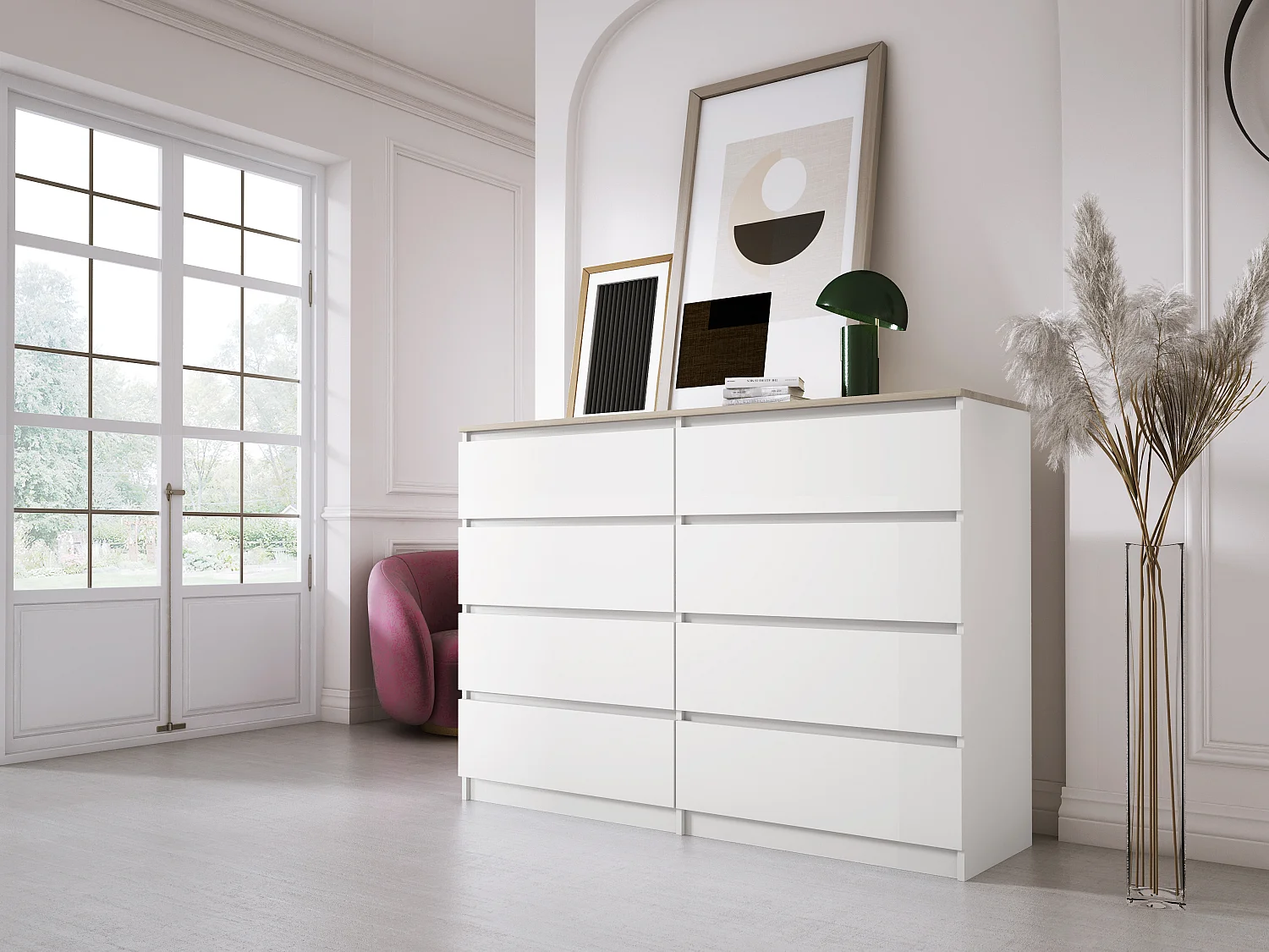 Commode 8 tiroirs : Blanc Mat / Chêne Sonoma Top, 138 x 101 x 39 cm