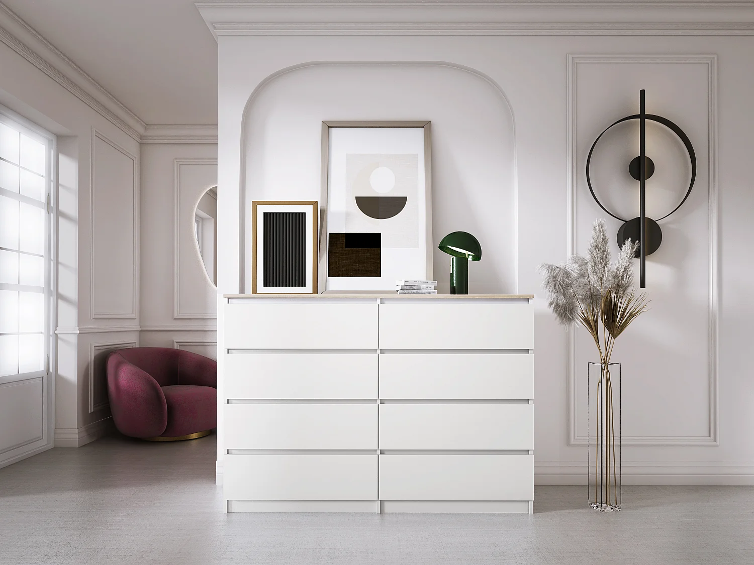 Commode 8 tiroirs : Blanc Mat / Chêne Sonoma Top, 138 x 101 x 39 cm