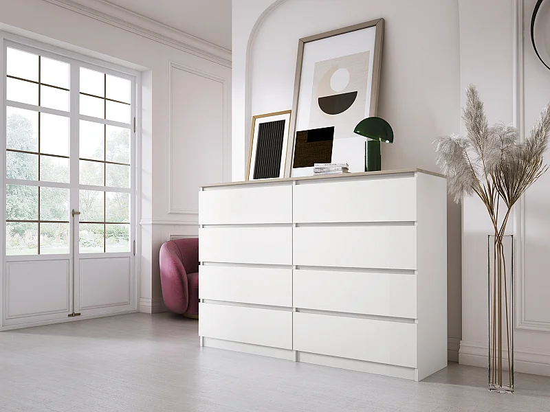 Cassettiera 8 cassetti: Bianco Opaco / Top Rovere Sonoma, 138 x 101 x 39 cm