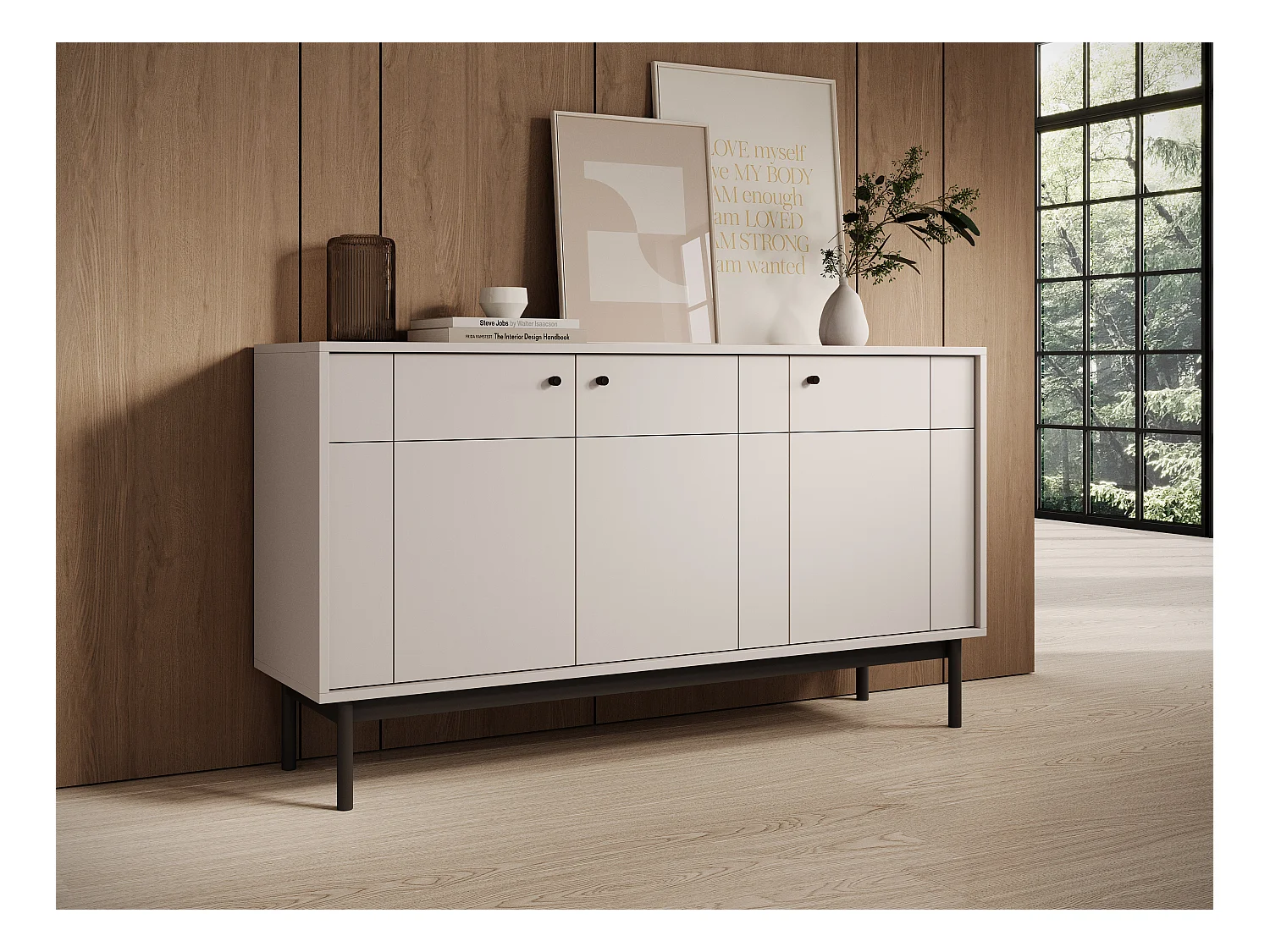 Commode : 3 Portes, 6 Étagères, Cachemire, Pieds Noir, 153,5 x 83,5 x 39 cm