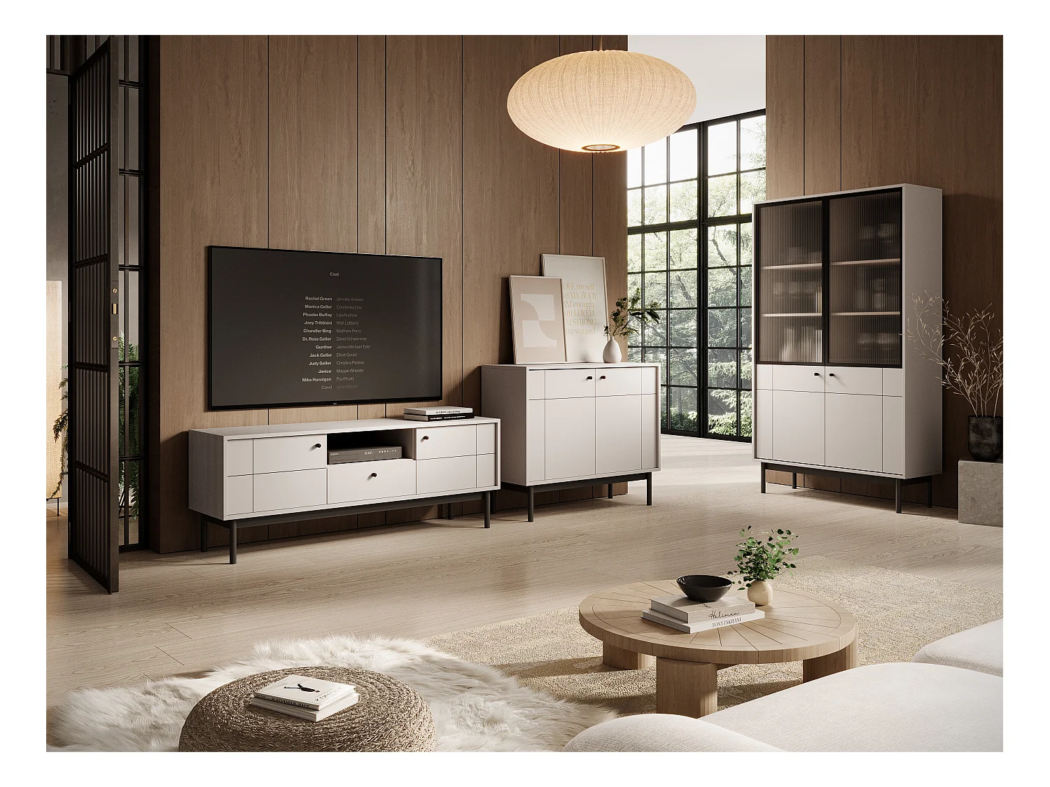 Commode : 3 Portes, 6 Étagères, Cachemire, Pieds Noir, 153,5 x 83,5 x 39 cm