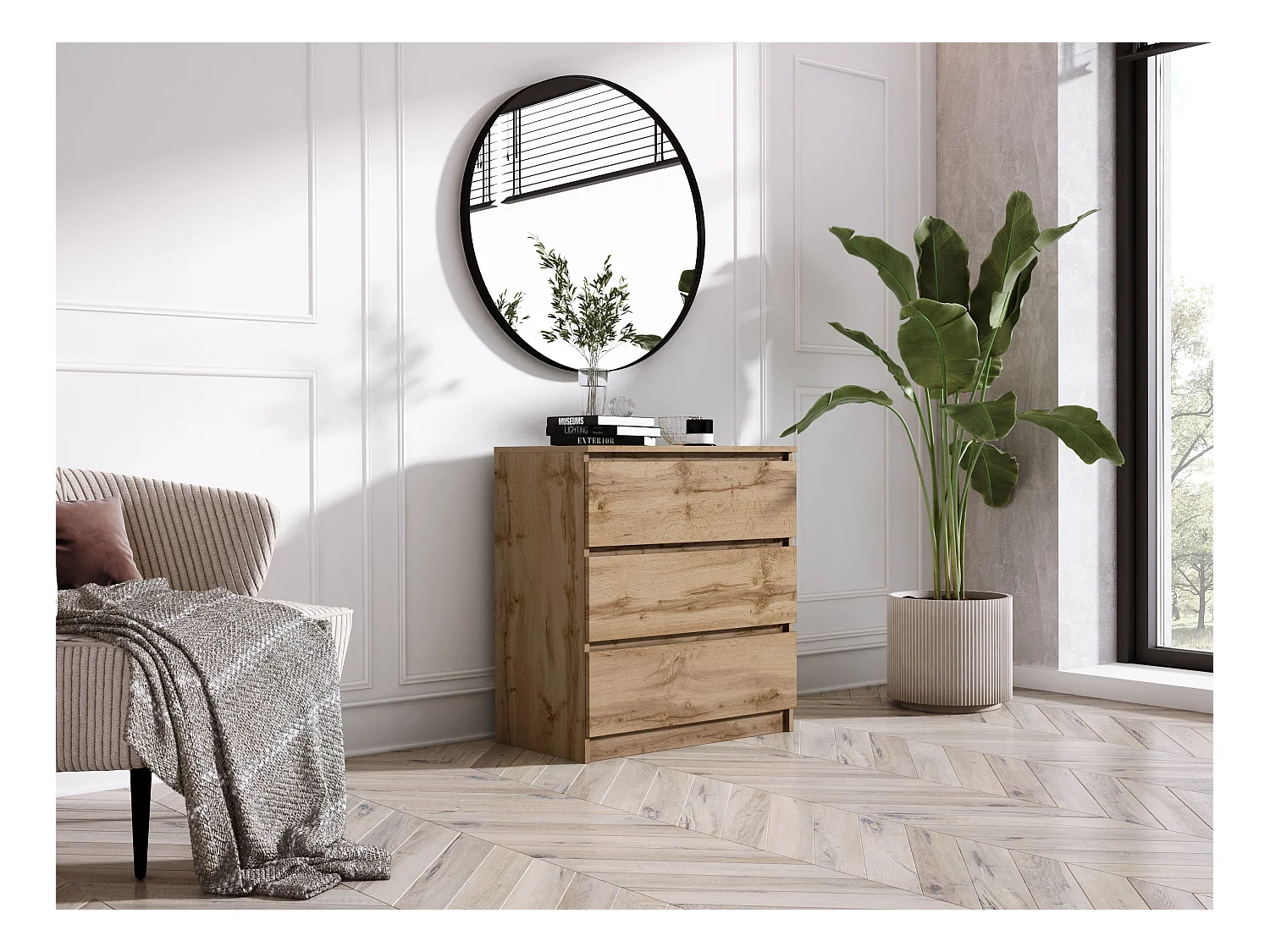 Commode 3 Tiroirs : Chêne Wotan, 70 x 39 x 79 cm