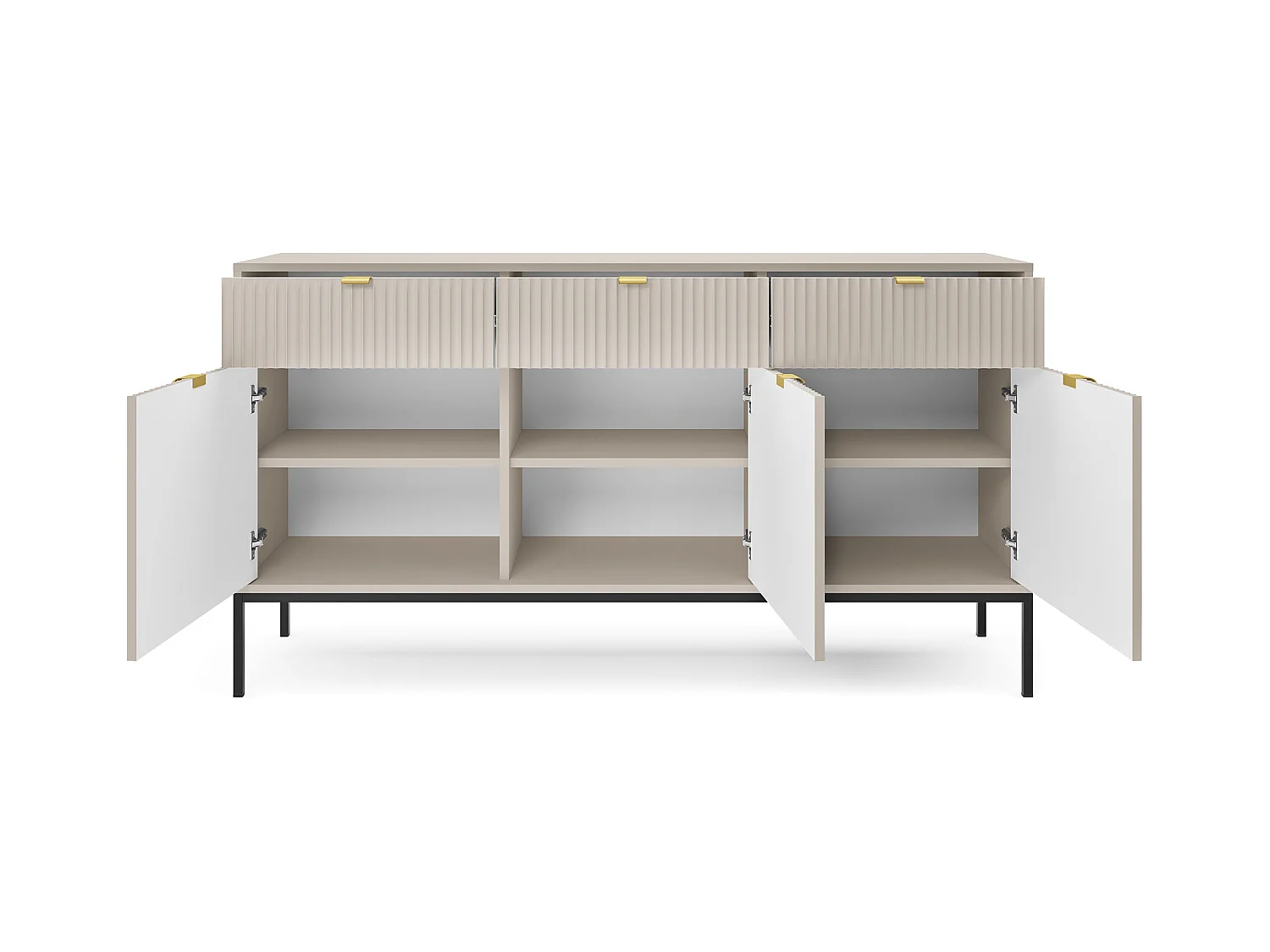 Commode : 3 Tiroirs, 3 Portes, Cachemire, Noir, 154 x 83 x 39 cm, poignées dorées