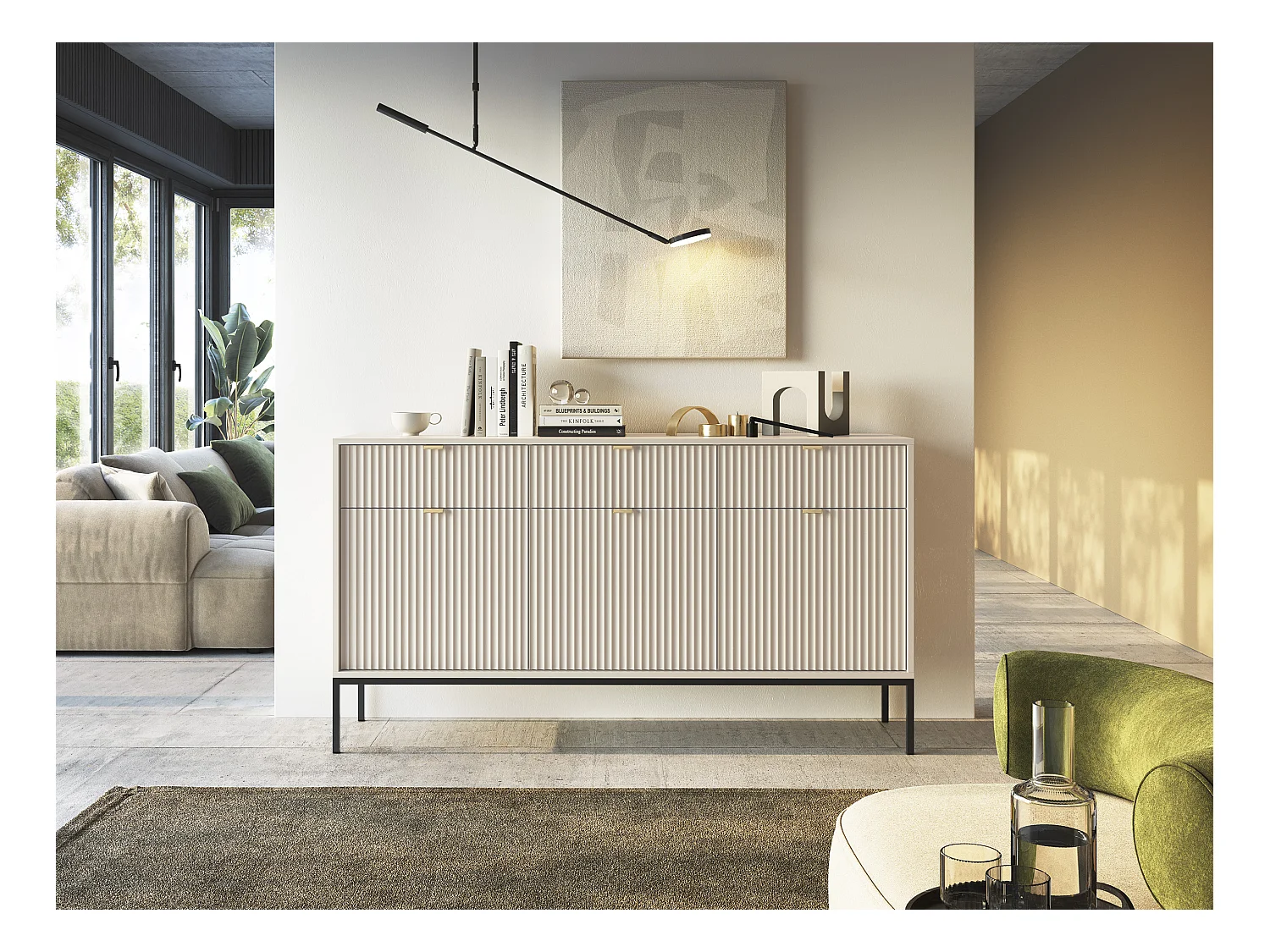 Commode : 3 Tiroirs, 3 Portes, Cachemire, Noir, 154 x 83 x 39 cm, poignées dorées