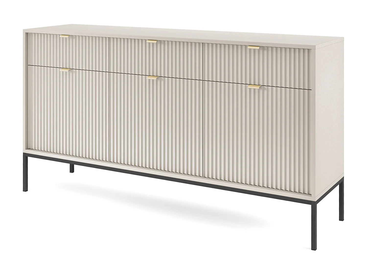 Commode : 3 Tiroirs, 3 Portes, Cachemire, Noir, 154 x 83 x 39 cm, poignées dorées