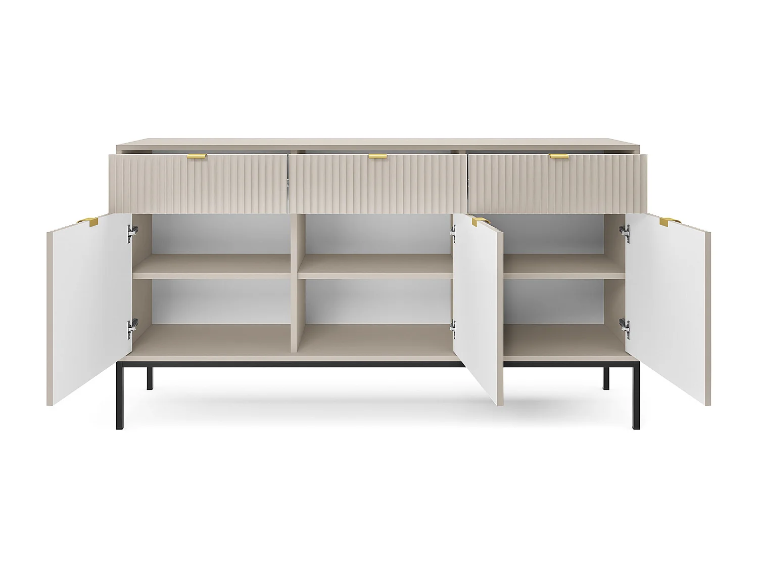 Commode : 3 Tiroirs, 3 Portes, Cachemire, Noir, 154 x 83 x 39 cm, poignées dorées