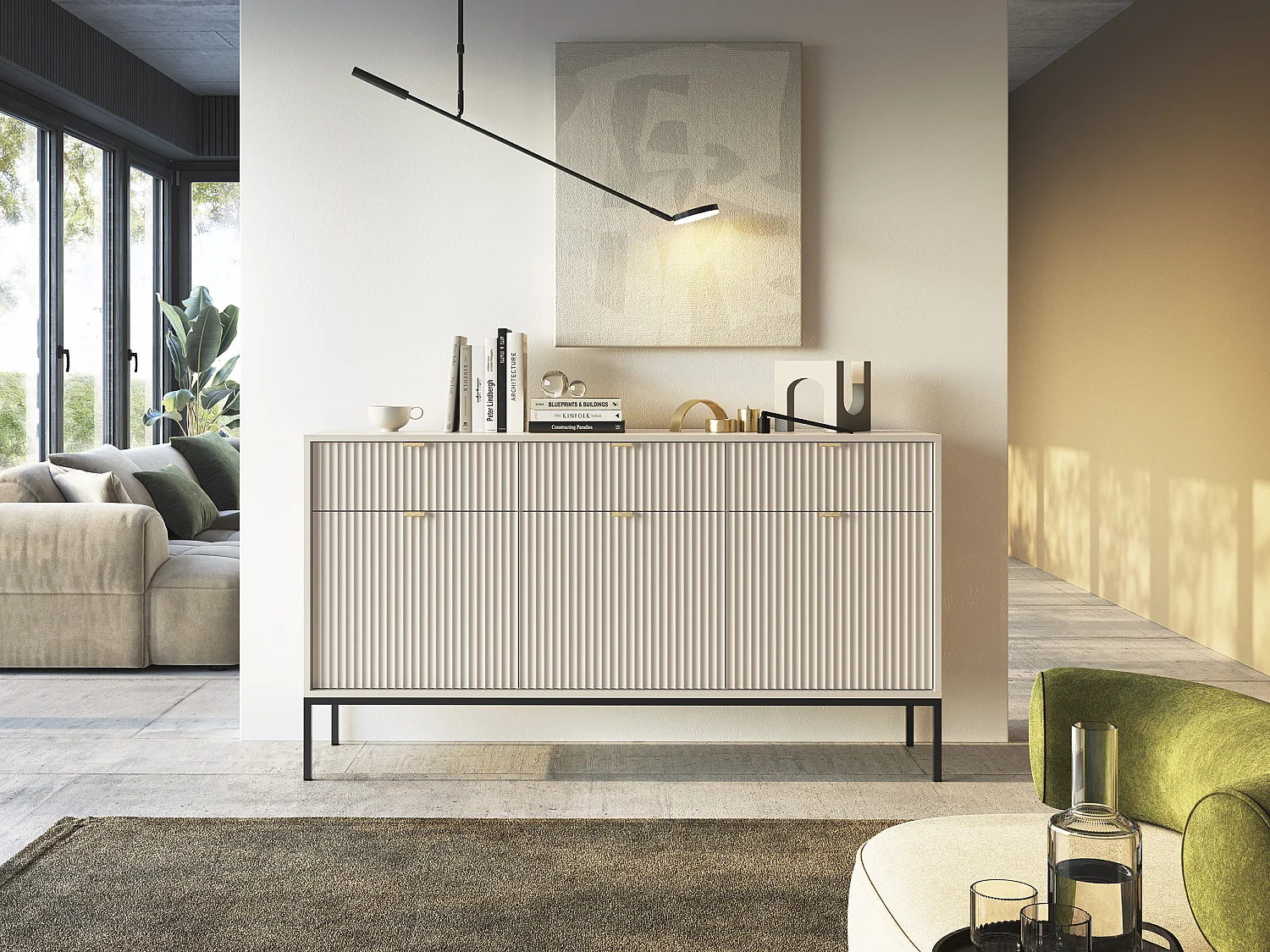 Commode : 3 Tiroirs, 3 Portes, Cachemire, Noir, 154 x 83 x 39 cm, poignées dorées