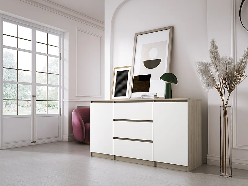 Kommode: Sonoma-Eiche / Mattweiß, 140 x 78 x 39 cm, 3 Schubladen, 2 Türen