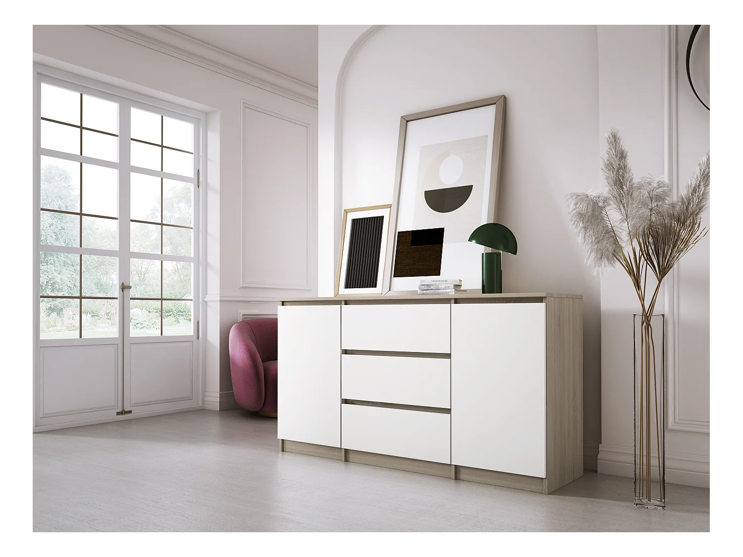 Commode : Chêne Sonoma / Blanc Mat, 140 x 78 x 39 cm, 3 tiroirs, 2 portes