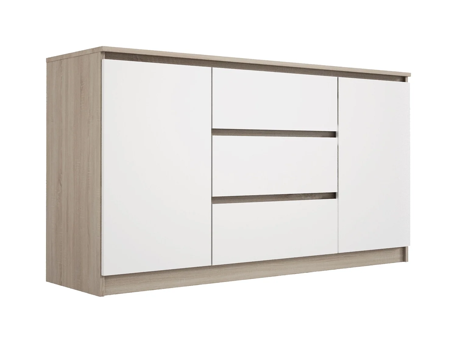 Commode : Chêne Sonoma / Blanc Mat, 140 x 78 x 39 cm, 3 tiroirs, 2 portes