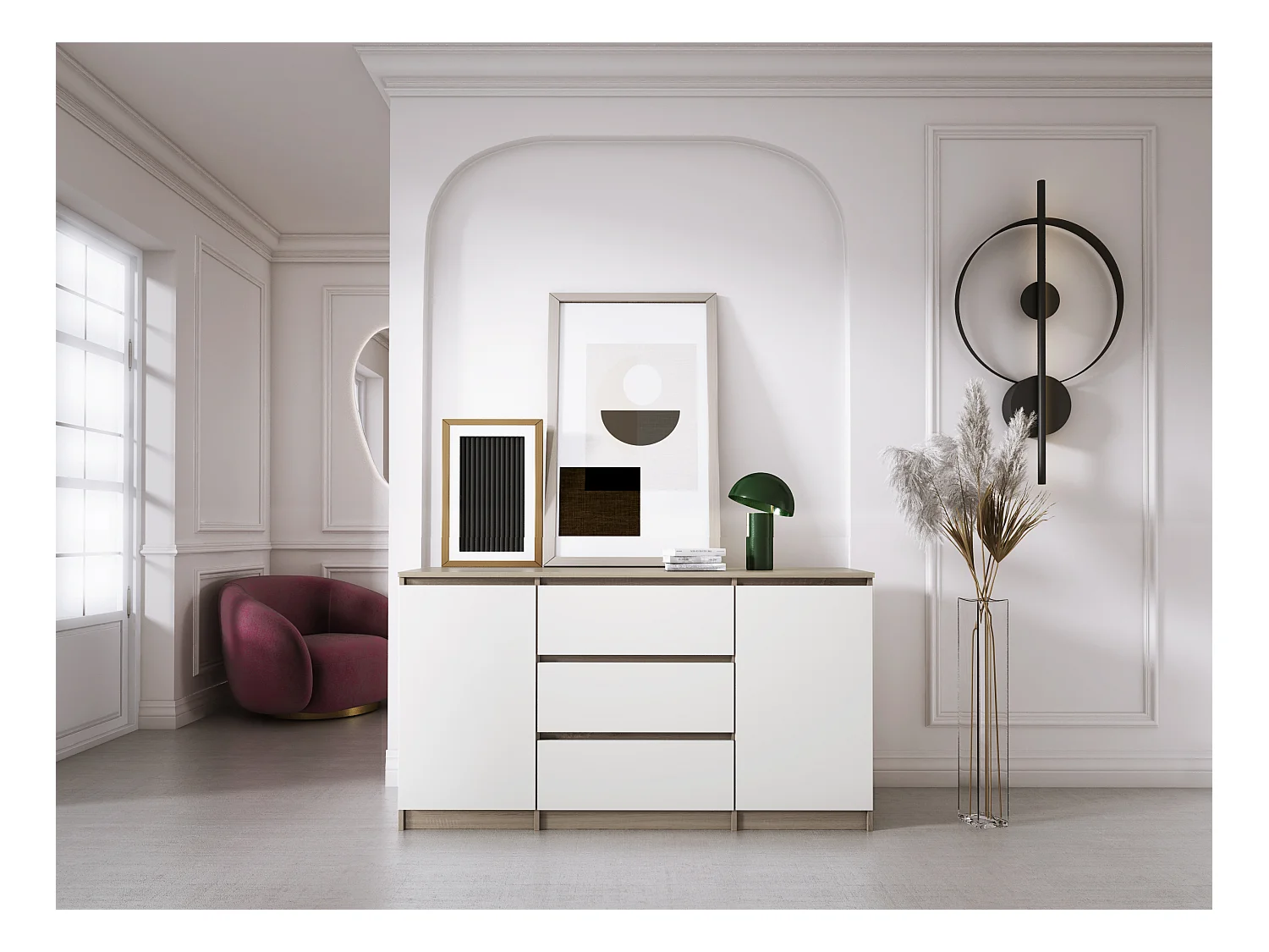 Commode : Chêne Sonoma / Blanc Mat, 140 x 78 x 39 cm, 3 tiroirs, 2 portes