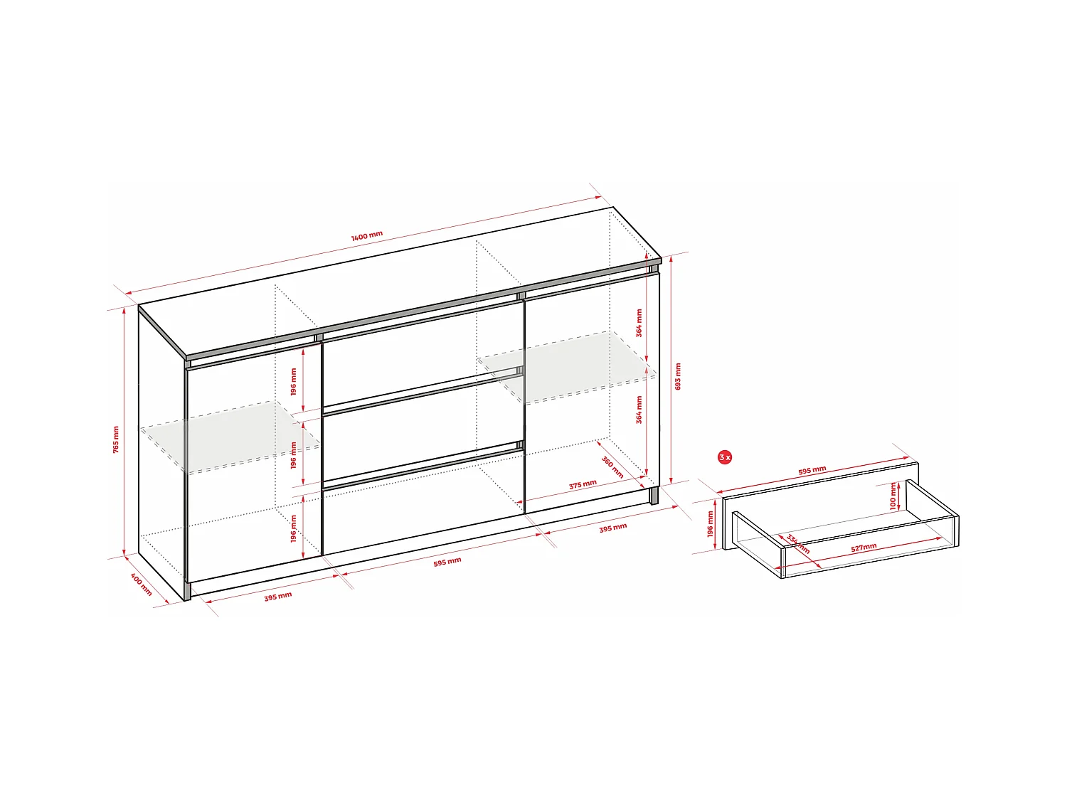Commode : Chêne Sonoma / Blanc Mat, 140 x 78 x 39 cm, 3 tiroirs, 2 portes