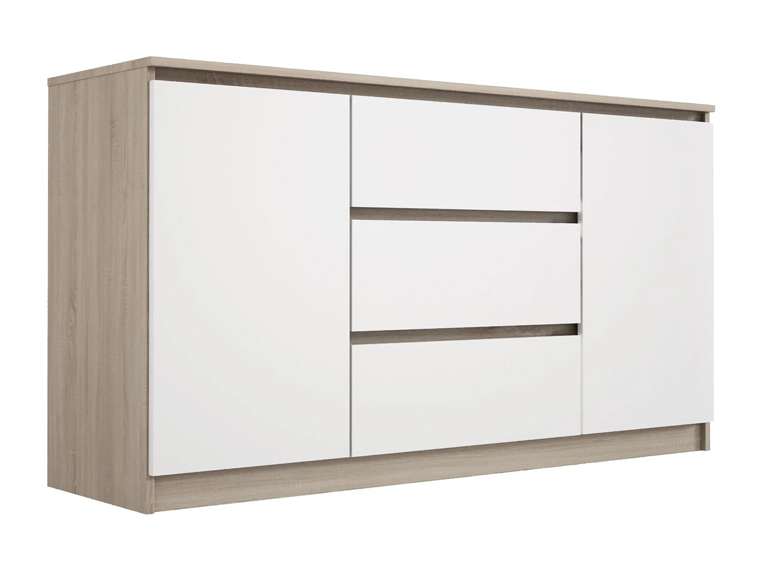 Commode : Chêne Sonoma / Blanc Mat, 140 x 78 x 39 cm, 3 tiroirs, 2 portes