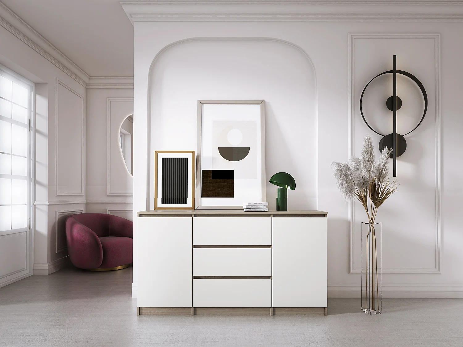 Commode : Chêne Sonoma / Blanc Mat, 140 x 78 x 39 cm, 3 tiroirs, 2 portes