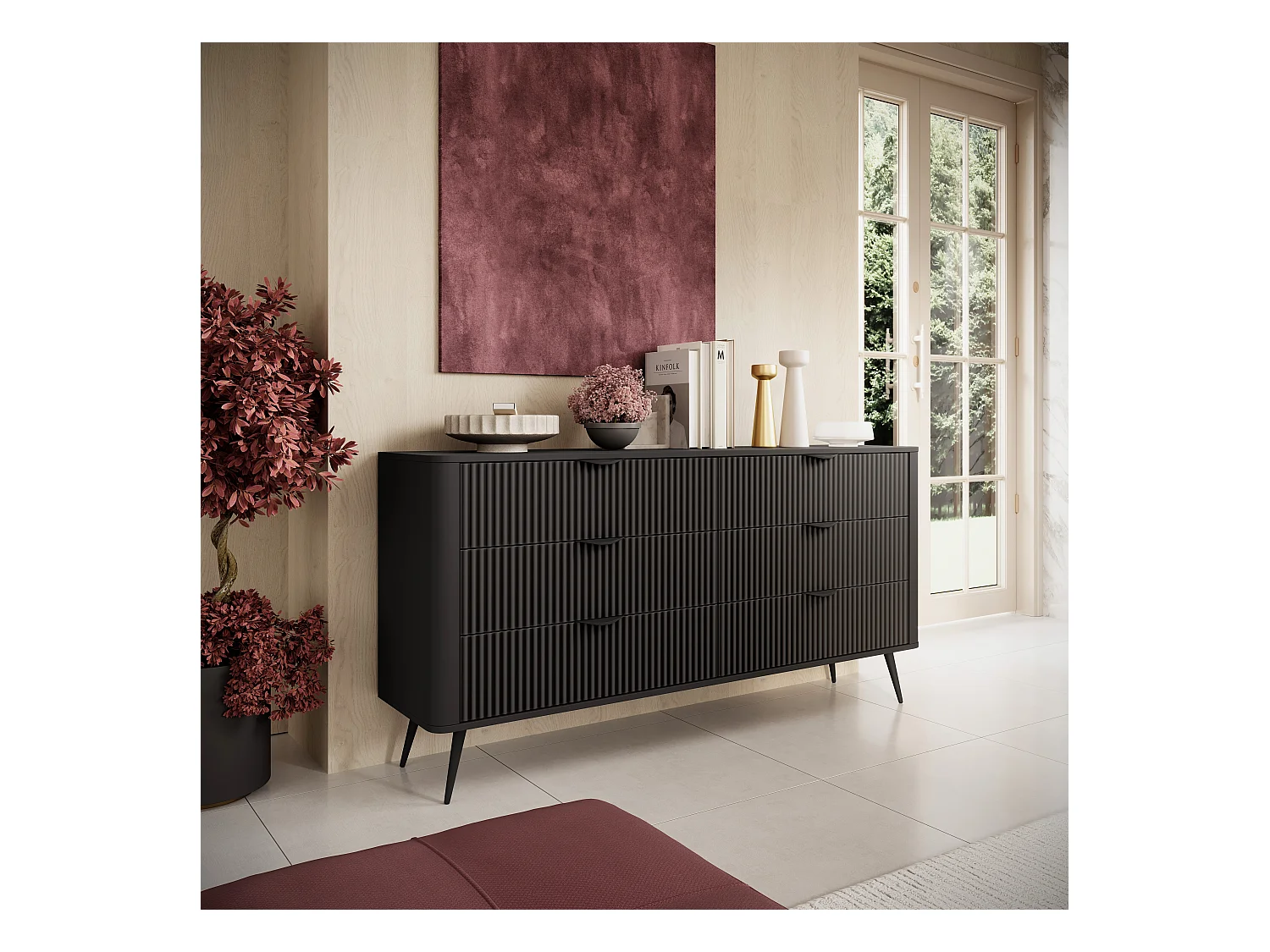 Commode : 6 Tiroirs, Noir, 163,2 X 81,2 X 38cm